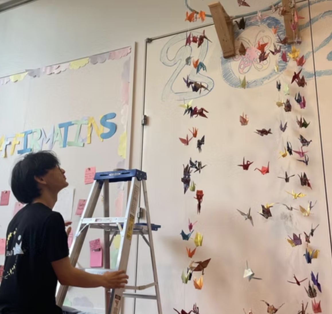 Noah Hong ('25), Co-President of APITAC, hanging up their paper crane project at Chicago's Art Institute. 